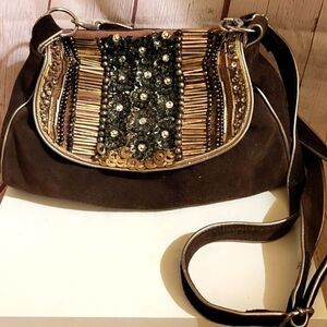 Jasper & Jeera for Anthropologie Brown Suede Multi Shape Beads Crossbody HandBag